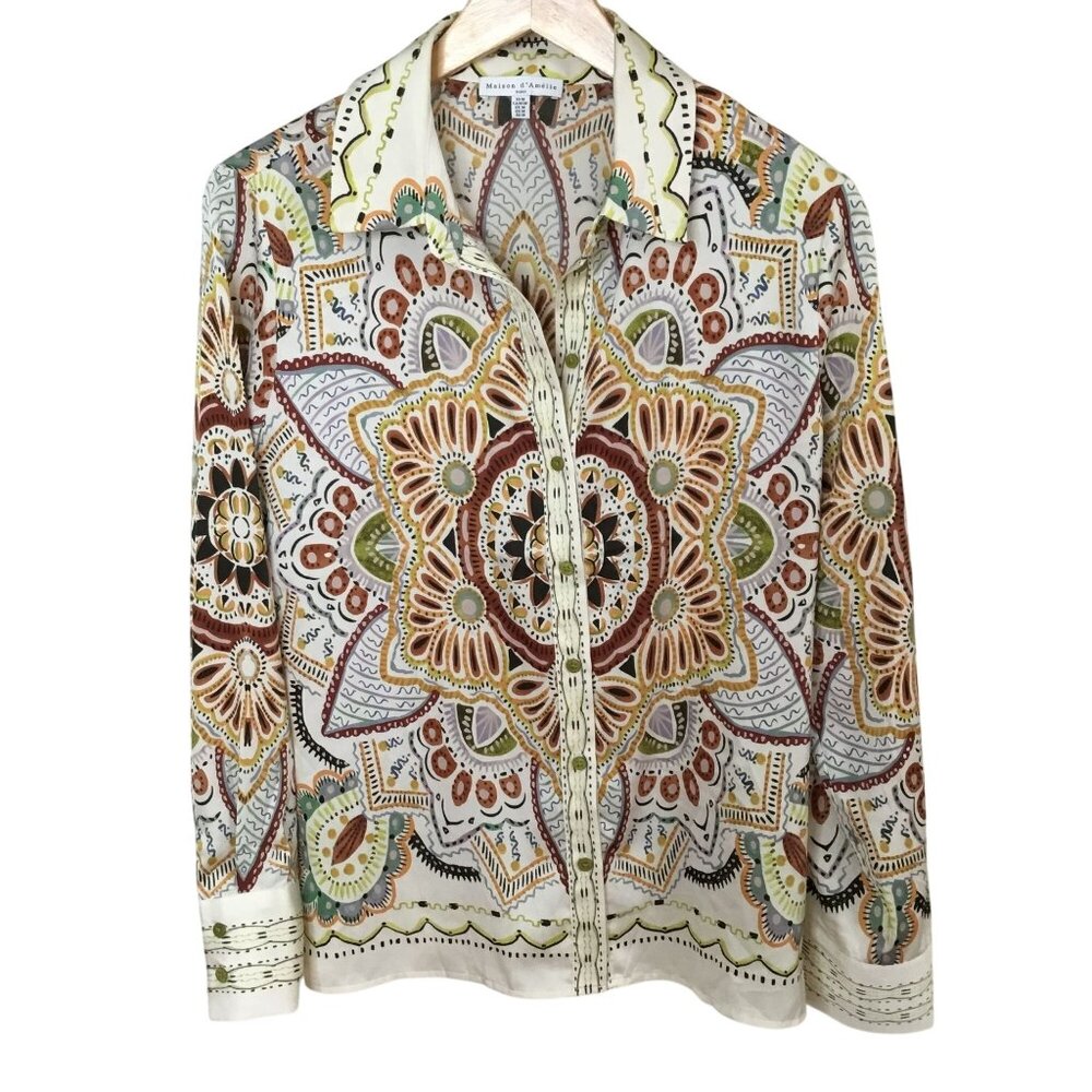 MAISON D’AMÉLIE Paris Cream Multicolor Mandala Button Blouse Top M Boho Art NWOT